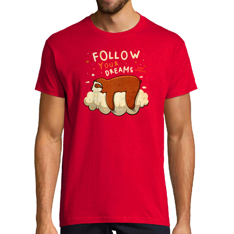 Tee-shirt homme rouge Follow your dreams paresseux (Le Duc,Animaux,Paresse)