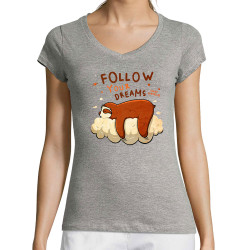 T-shirt femme col V gris chiné Follow your dreams paresseux (Le Duc,Animaux,Paresse)