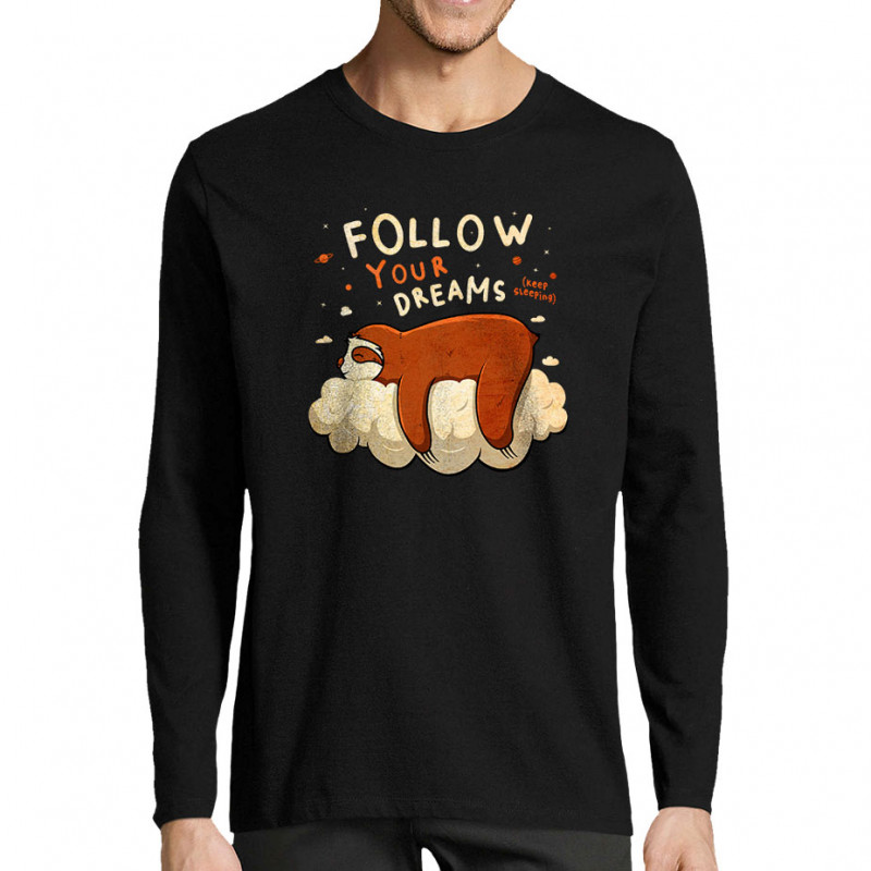 T-shirt homme manches longues noir Follow your dreams paresseux (Le Duc,Animaux,Paresse)