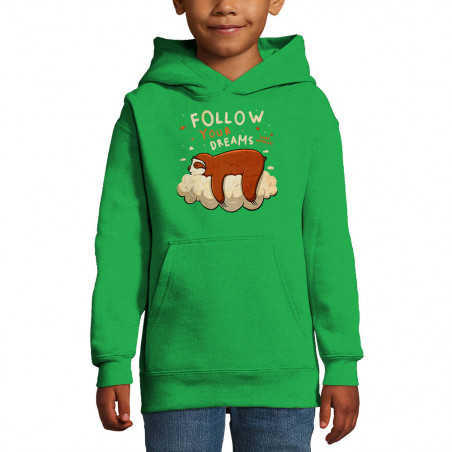 Sweat enfant à capuche vert prairie Follow your dreams paresseux (Le Duc,Animaux,Paresse)