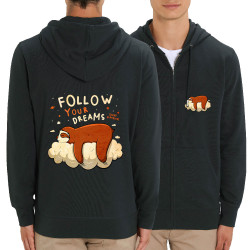 Sweat homme zippé à capuche coton bio noir Follow your dreams paresseux (Le Duc,Animaux,Paresse)