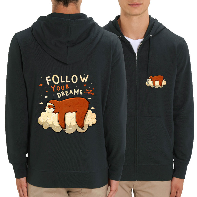 Sweat homme zippé à capuche coton bio noir Follow your dreams paresseux (Le Duc,Animaux,Paresse)