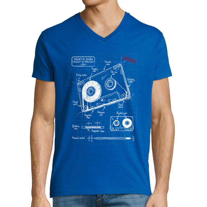 T-shirt homme col V bleu royal Cassette audio plan (Le Duc,Divers)