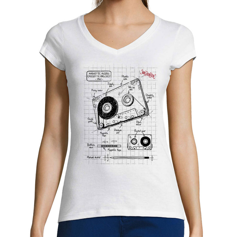 T-shirt femme col V blanc Cassette audio plan (Le Duc,Divers)