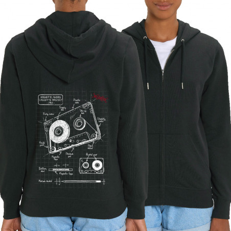Sweat femme zippé à capuche coton bio noir Cassette audio plan (Le Duc,Divers)