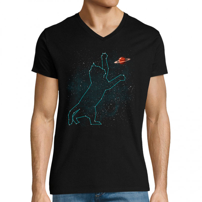 T-shirt homme col V noir Space Cat (Le Duc,Animaux,Chats)