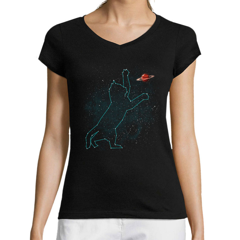 T-shirt femme col V noir Space Cat (Le Duc,Animaux,Chats)