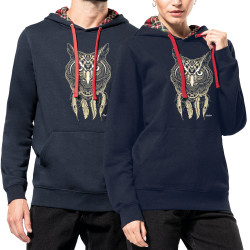 Sweat capuche à motifs unisexe bleu marine et rouge tartan Bad River - Little Owl (Bad River,Animaux,Ethnique)