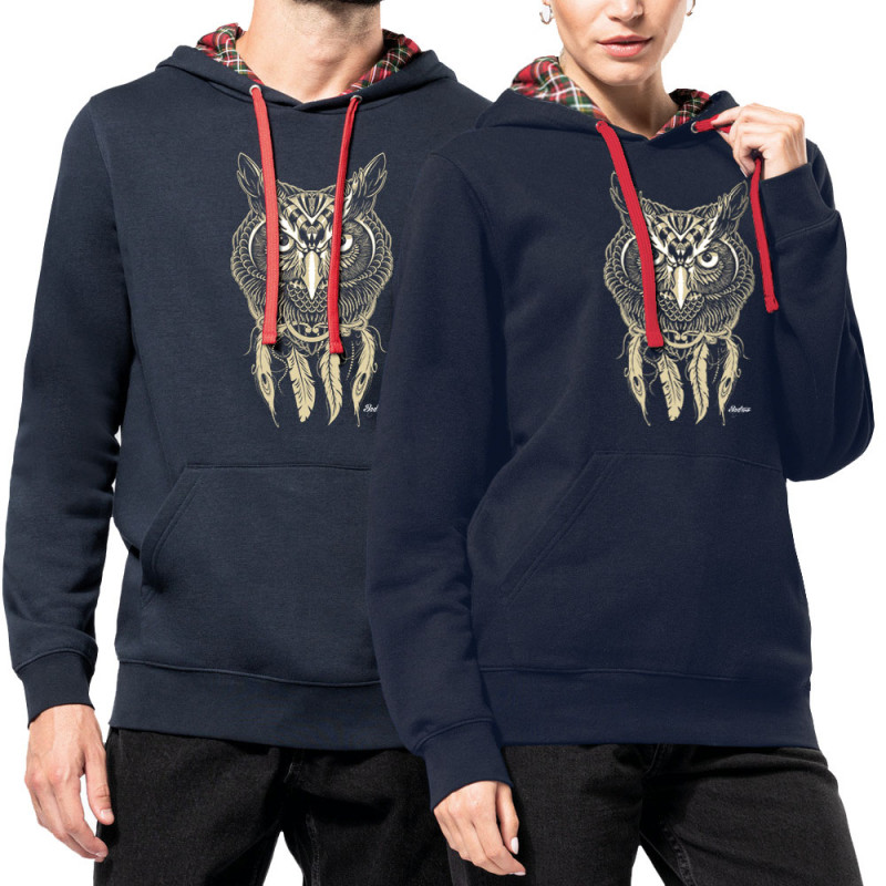 Sweat capuche à motifs unisexe bleu marine et rouge tartan Bad River - Little Owl (Bad River,Animaux,Ethnique)