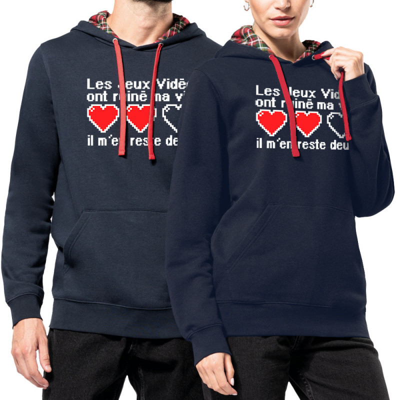Sweat capuche à motifs unisexe bleu marine et rouge tartan Les jeux vidéo ont ruiné ma vie (Humour,Jeux Vidéo / Geek)