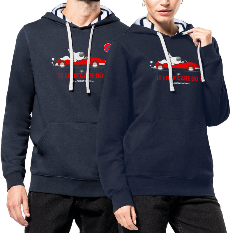 Sweat capuche à motifs unisexe bleu marine et marinière Le Loup se gare où (Pandaluna,Animaux,Humour)