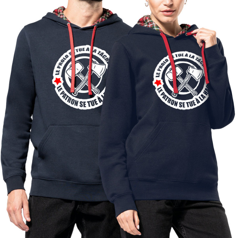 Sweat capuche à motifs unisexe bleu marine et rouge tartan Le prolo se tue à la tâche (Slogans engagés)