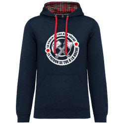 Sweat capuche à motifs unisexe bleu marine et rouge tartan Le prolo se tue à la tâche (Slogans engagés)