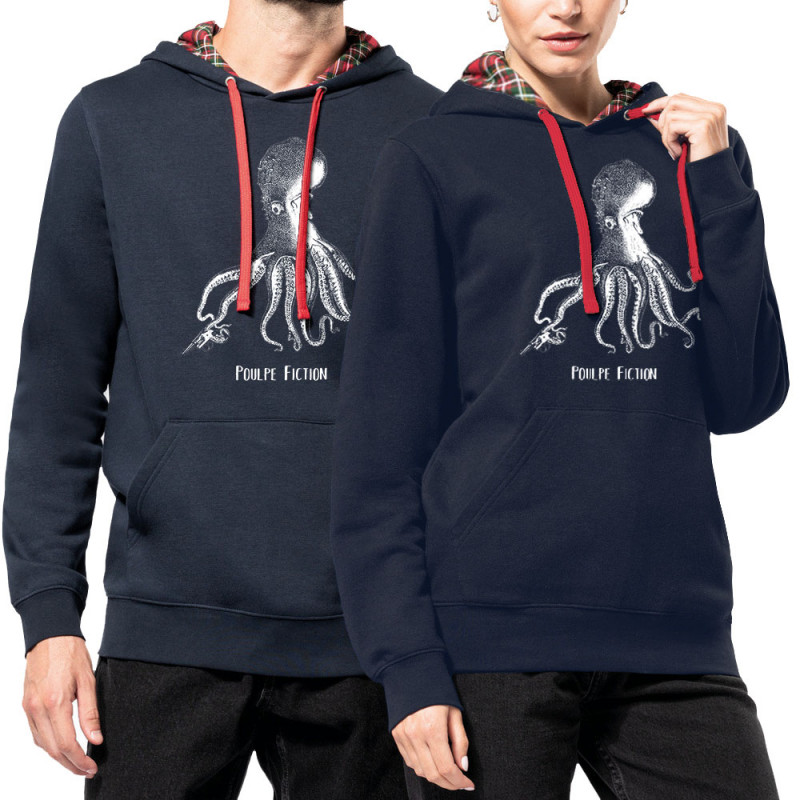 Sweat capuche à motifs unisexe bleu marine et rouge tartan Poulpe Fiction (Gondrax,Les Bébêtes,Animaux,Films/Séries)
