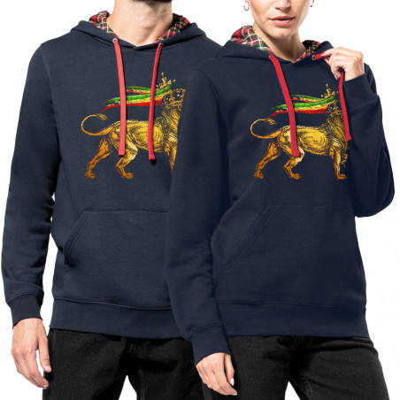 Sweat capuche à motifs unisexe bleu marine et rouge tartan Rasta Lion (Animaux,Reggae)