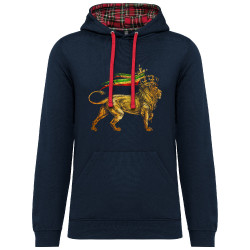 Sweat capuche à motifs unisexe bleu marine et rouge tartan Rasta Lion (Animaux,Reggae)