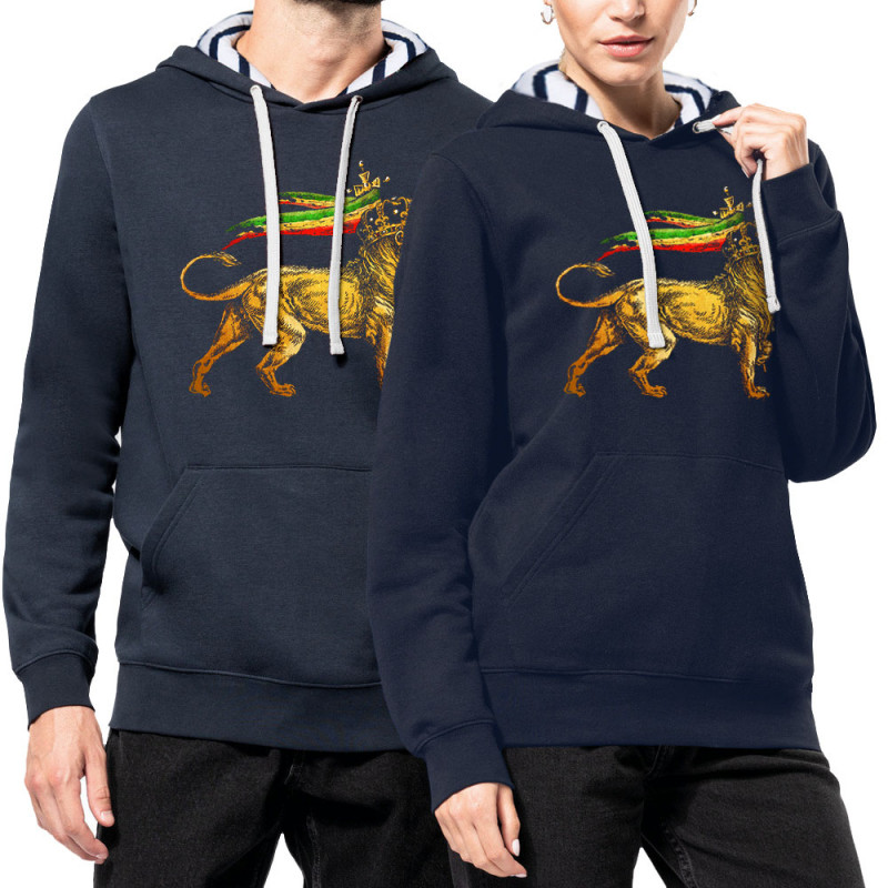 Sweat capuche à motifs unisexe bleu marine et marinière Rasta Lion (Animaux,Reggae)