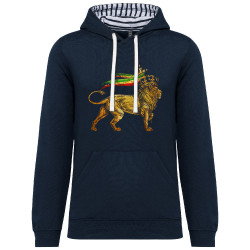 Sweat capuche à motifs unisexe bleu marine et marinière Rasta Lion (Animaux,Reggae)