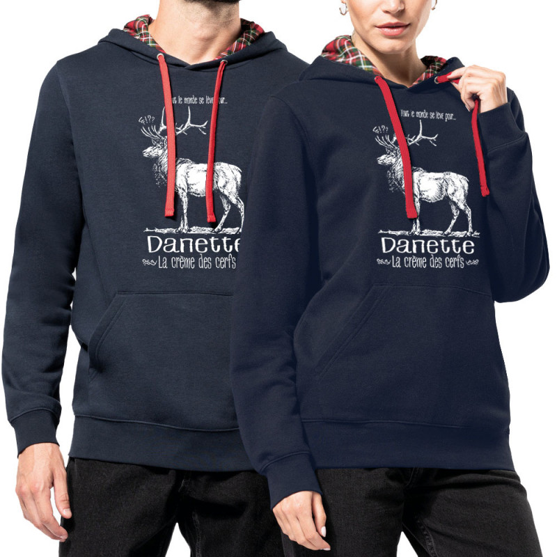 Sweat capuche à motifs unisexe bleu marine et rouge tartan La crème des cerfs (Gondrax,Les Bébêtes,Animaux)