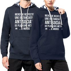 Sweat capuche à motifs unisexe bleu marine et marinière Distanciation Antisociale (Gondrax,Slogans Débiles,Humour)