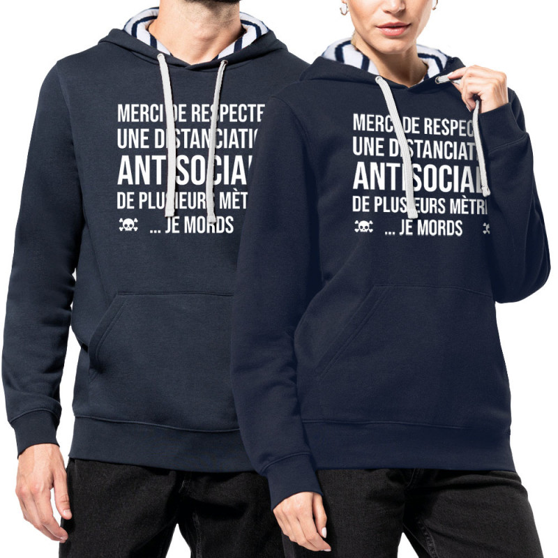 Sweat capuche à motifs unisexe bleu marine et marinière Distanciation Antisociale (Gondrax,Slogans Débiles,Humour)