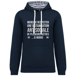 Sweat capuche à motifs unisexe bleu marine et marinière Distanciation Antisociale (Gondrax,Slogans Débiles,Humour)