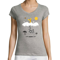 T-shirt femme col V gris chiné Girafe et pluie (Le Duc,Animaux)