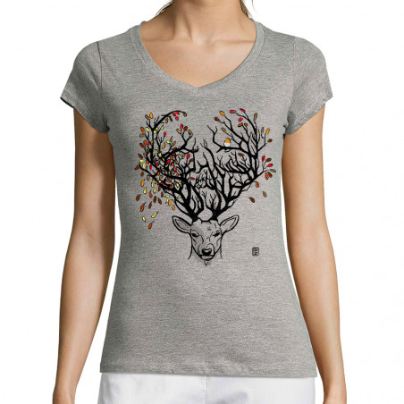 T-shirt femme col V "Cerf...