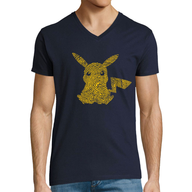 T-shirt homme col V bleu marine Digital Pikachu (Le Duc,Jeux Vidéo / Geek,Manga Kawaï japan)