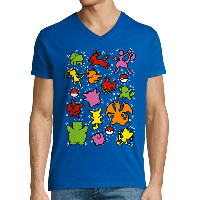 T-shirt homme col V bleu royal Haring Pokemon (Le Duc,Jeux Vidéo / Geek,Manga Kawaï japan)