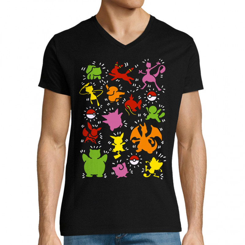 T-shirt homme col V noir Haring Pokemon (Le Duc,Jeux Vidéo / Geek,Manga Kawaï japan)