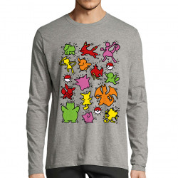 T-shirt homme manches longues gris chiné Haring Pokemon (Le Duc,Jeux Vidéo / Geek,Manga Kawaï japan)