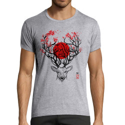 T-shirt homme fit gris chiné Cerf du Japon (Le Duc,Animaux)