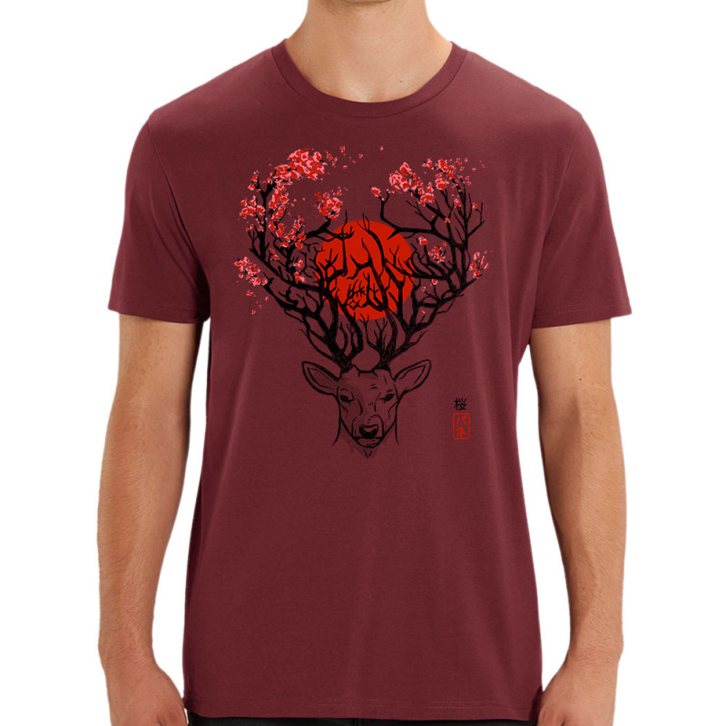 T-shirt homme coton bio bordeaux Cerf du Japon (Le Duc,Animaux)