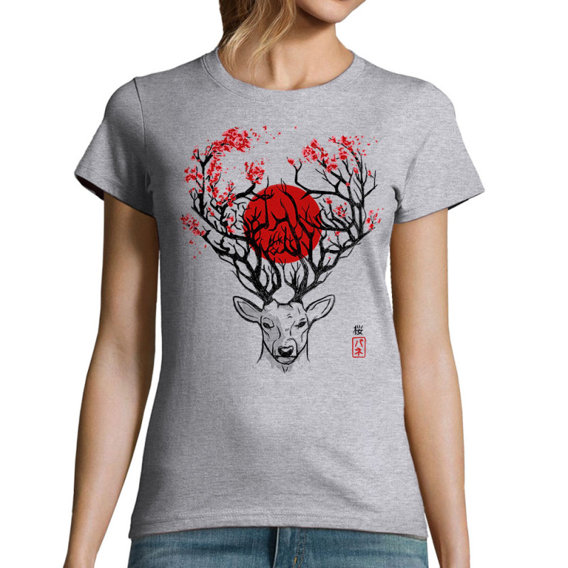 T-shirt femme gris chiné Cerf du Japon (Le Duc,Animaux)