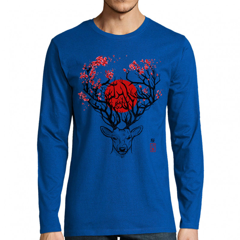 T-shirt homme manches longues bleu royal Cerf du Japon (Le Duc,Animaux)