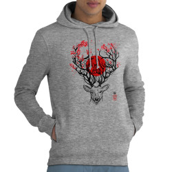 Sweat homme à capuche coton bio gris chiné Cerf du Japon (Le Duc,Animaux)