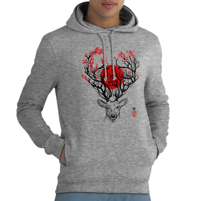 Sweat homme à capuche coton bio gris chiné Cerf du Japon (Le Duc,Animaux)