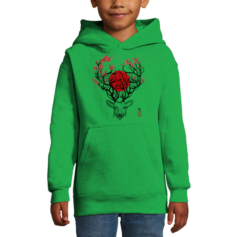 Sweat enfant à capuche vert prairie Cerf du Japon (Le Duc,Animaux)