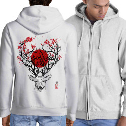 Sweat homme à capuche zippé blanc Cerf du Japon (Le Duc,Animaux)