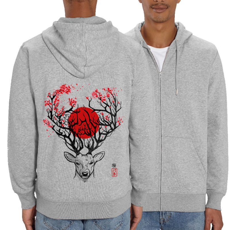 Sweat homme zippé à capuche coton bio gris chiné Cerf du Japon (Le Duc,Animaux)