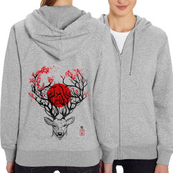 Sweat femme zippé à capuche coton bio gris chiné Cerf du Japon (Le Duc,Animaux)