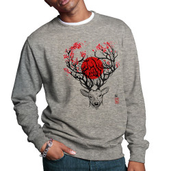 Sweat homme col rond gris chiné Cerf du Japon (Le Duc,Animaux)