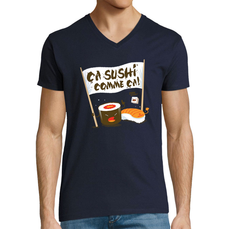 T-shirt homme col V bleu marine Ca sushi comme ça (Ted Boundy,Humour,Fruits & Légumes)