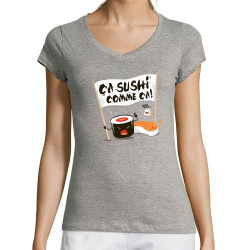 T-shirt femme col V gris chiné Ca sushi comme ça (Ted Boundy,Humour,Fruits & Légumes)