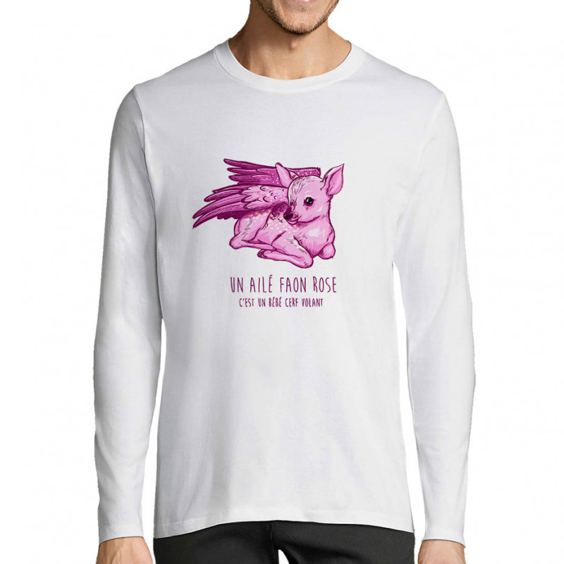 T-shirt homme manches longues blanc Ailé faon rose (Mr Mouton,Animaux)
