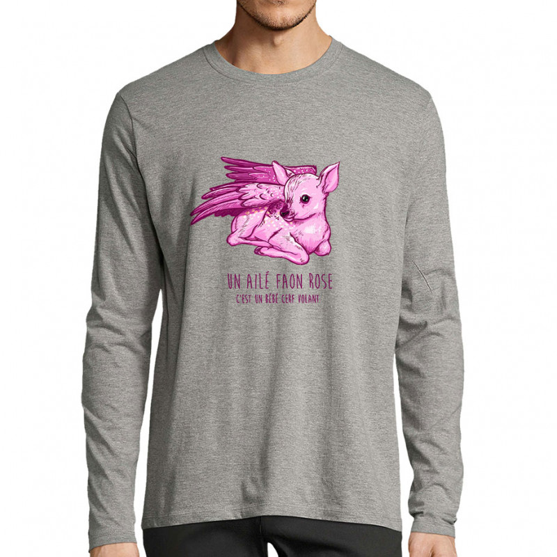 T-shirt homme manches longues gris chiné Ailé faon rose (Mr Mouton,Animaux)