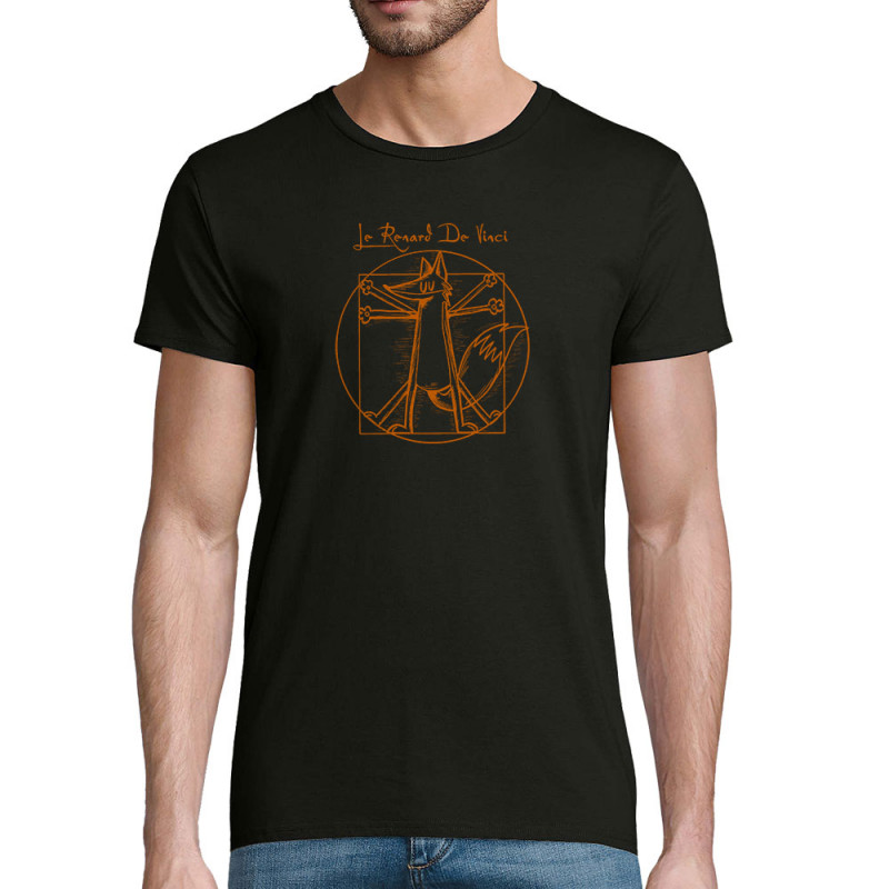 T-shirt homme coton bio noir Le Renard de Vinci (Mr Mouton,Animaux,Homme de Vitruve)