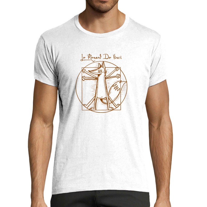 T-shirt homme fit blanc Le Renard de Vinci (Mr Mouton,Animaux,Homme de Vitruve)