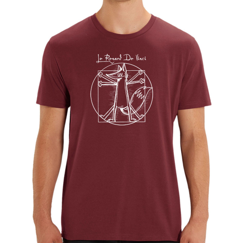 T-shirt homme coton bio bordeaux Le Renard de Vinci (Mr Mouton,Animaux,Homme de Vitruve)